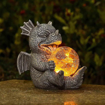 Garden Solar Dragon Statue Cute and Hold Glowing Glass Ball Resin Sculpture