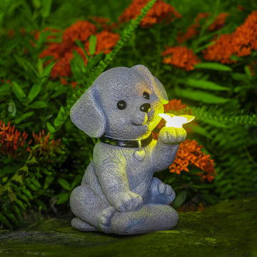 Outdoor Puppy Ornaments Solar Animal Statues with Butterfly Light