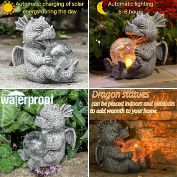 Garden Solar Dragon Statue Cute and Hold Glowing Glass Ball Resin Sculpture