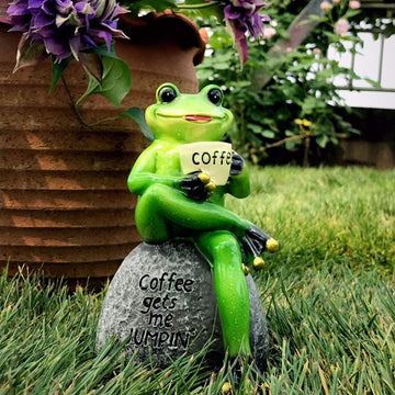Drinking Coffee Green Frog Figurine  for Garden Decoration
