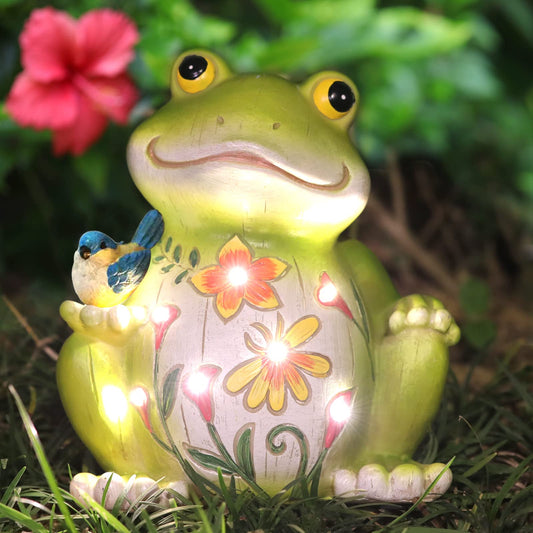 Tranquil Garden Frog Statue Lights with Floral Belly and Bluebird