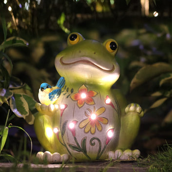 Tranquil Garden Frog Statue Lights with Floral Belly and Bluebird