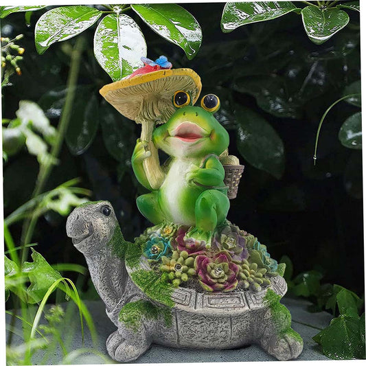 Frog on Turtle Sculpture with Solar Succulent Lights