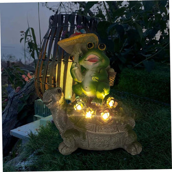 Frog on Turtle Sculpture with Solar Succulent Lights