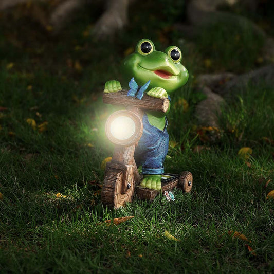 Garden Frog Biker Statue with Solar LED Lights