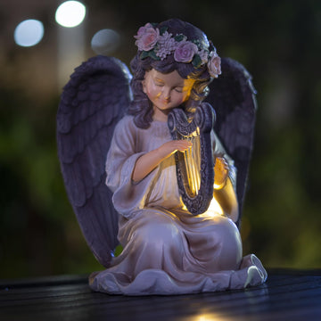 Solar Angel Garden Statue with Light Harp Playing Angel Figurine