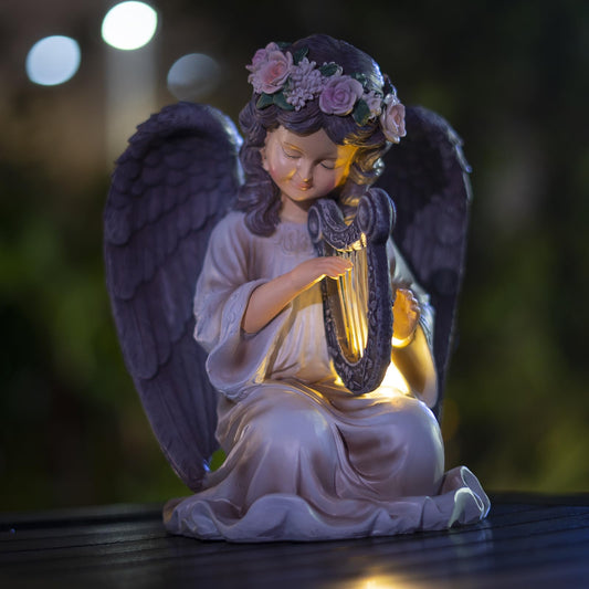 Solar Angel Garden Statue with Light Harp Playing Angel Figurine