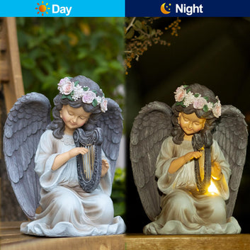 Solar Angel Garden Statue with Light Harp Playing Angel Figurine
