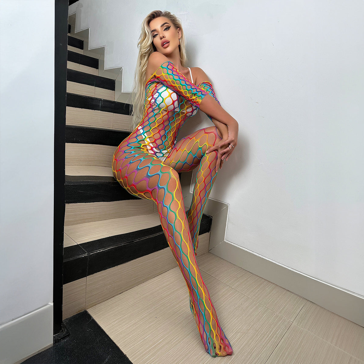 Rainbow Fishnet Bodysuit