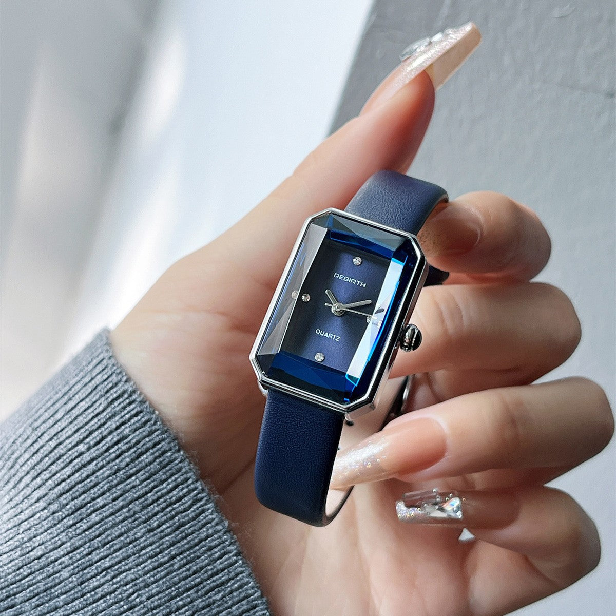 Faceted Rectangular Leather Strap Quartz Watch - view 2