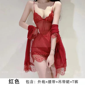 Lace-Trim Slip and Robe Lingerie Set