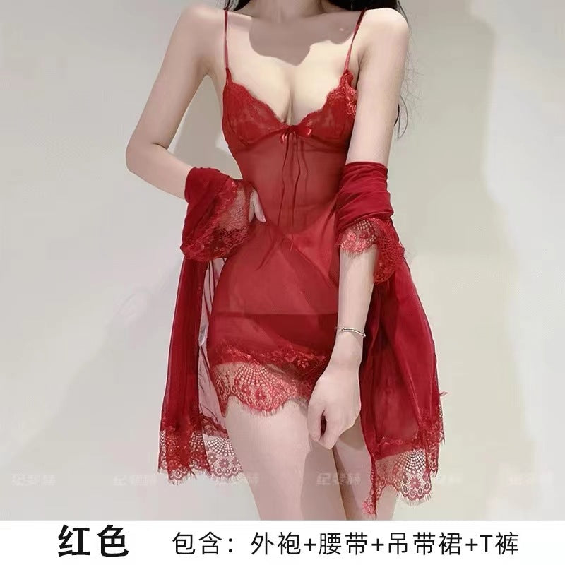 Lace-Trim Slip and Robe Lingerie Set
