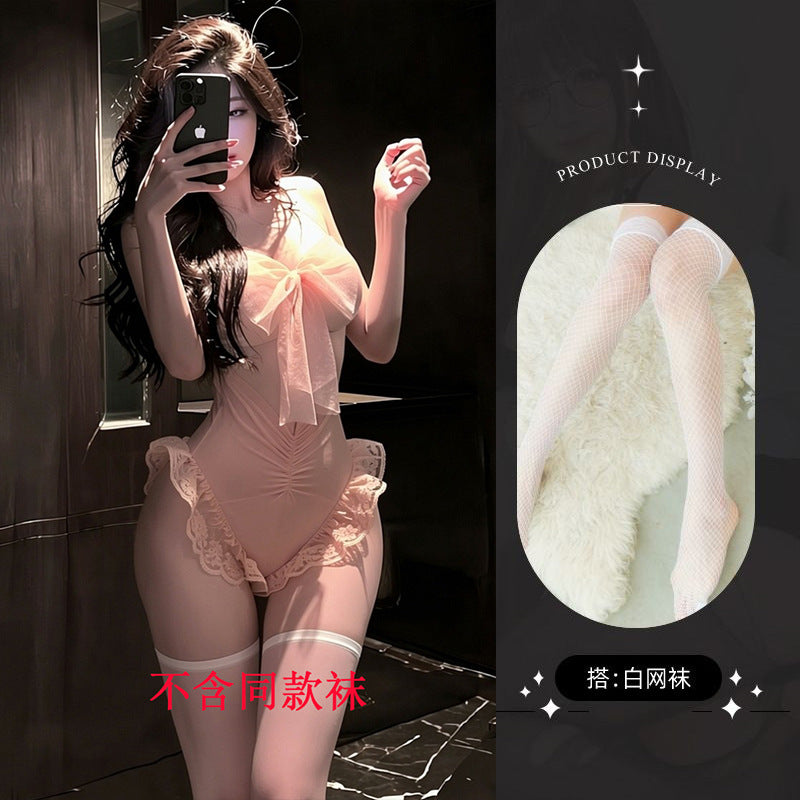 Pink Lace and Mesh Bodysuit - 8008