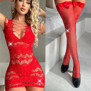 Rhinestone Mesh Dress and Stocking Options