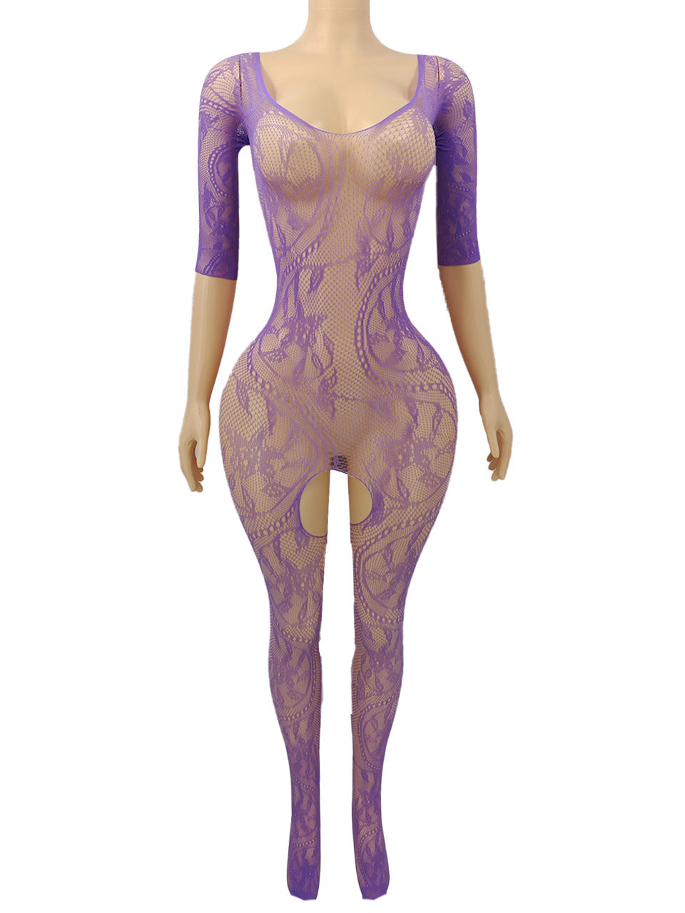 Jacquard Open-Crotch Mesh Bodysuit