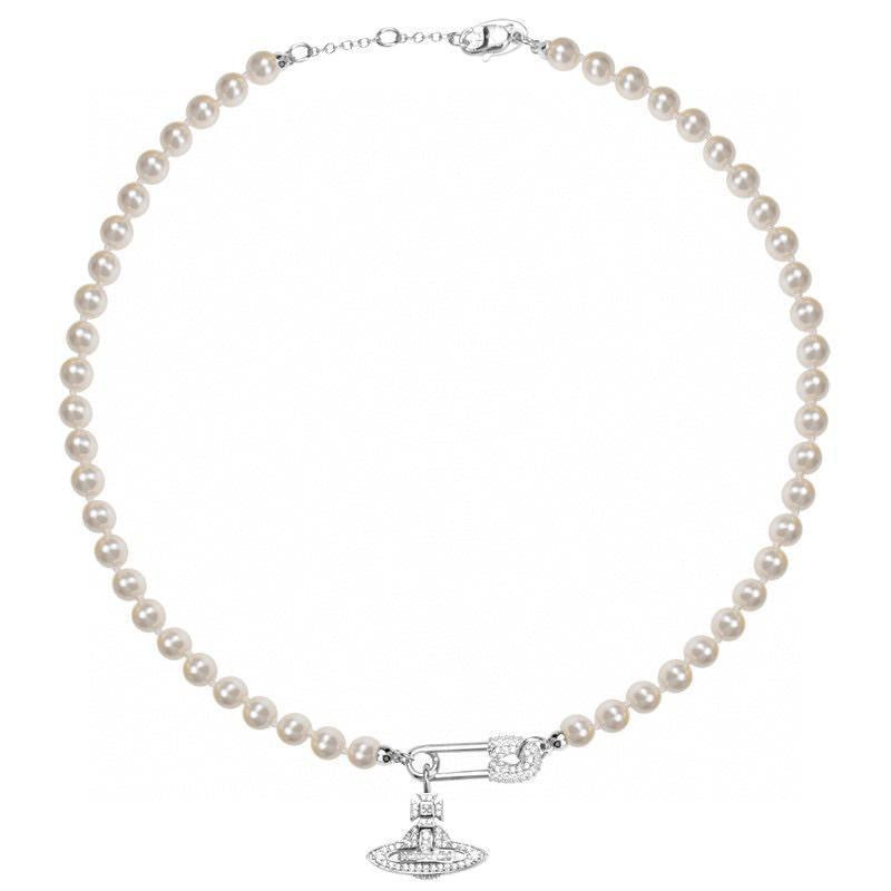 Safety Pin Planet Pendant Pearl Bead Necklace - view 5