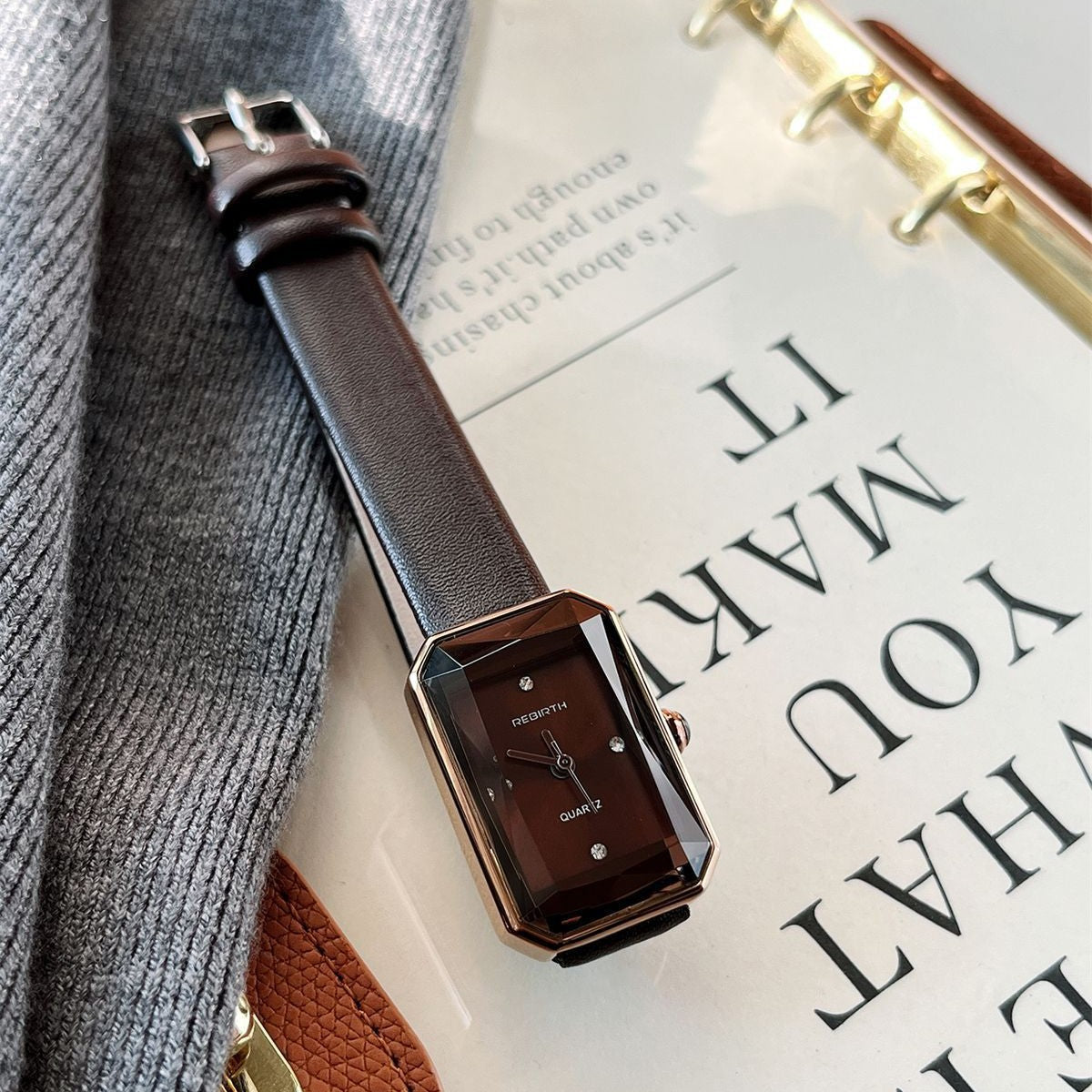 Faceted Rectangular Leather Strap Quartz Watch - view 4