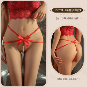 Bow and Bead-Detail Thong - 307A