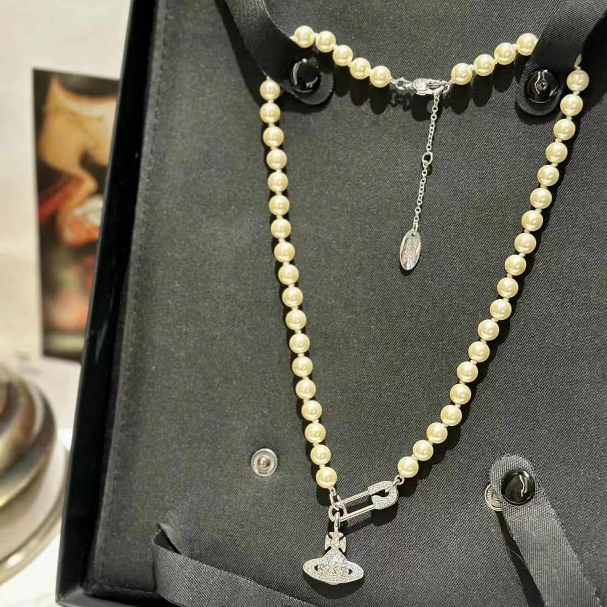 Safety Pin Planet Pendant Pearl Bead Necklace - view 15