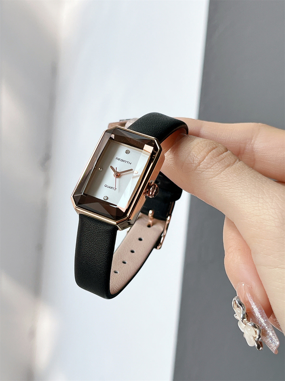 Faceted Rectangular Leather Strap Quartz Watch - view 6