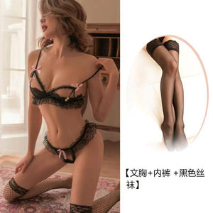 Pearl-Detail Bow Mesh Lingerie Set