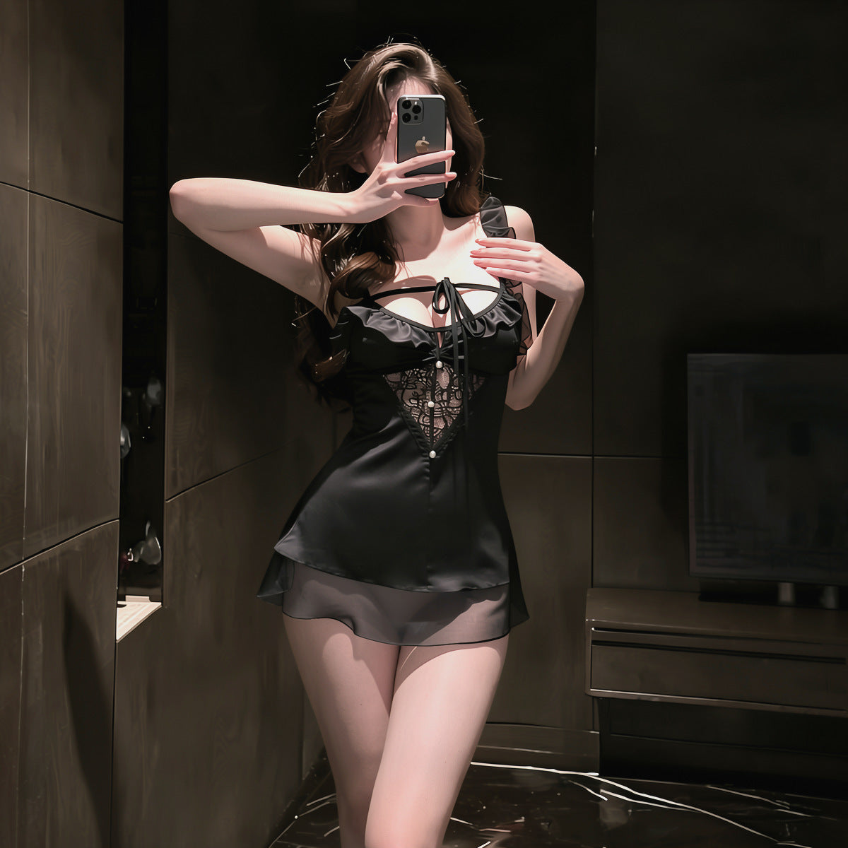 Black Satin and Lace Slip Dress - 5900