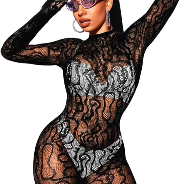 Bow and Floral-Detail Mesh Bodysuit