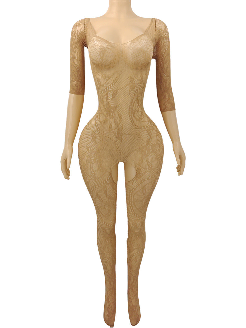 Jacquard Open-Crotch Mesh Bodysuit