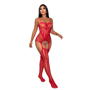 Red Open-Crotch Cutout Mesh Bodysuit