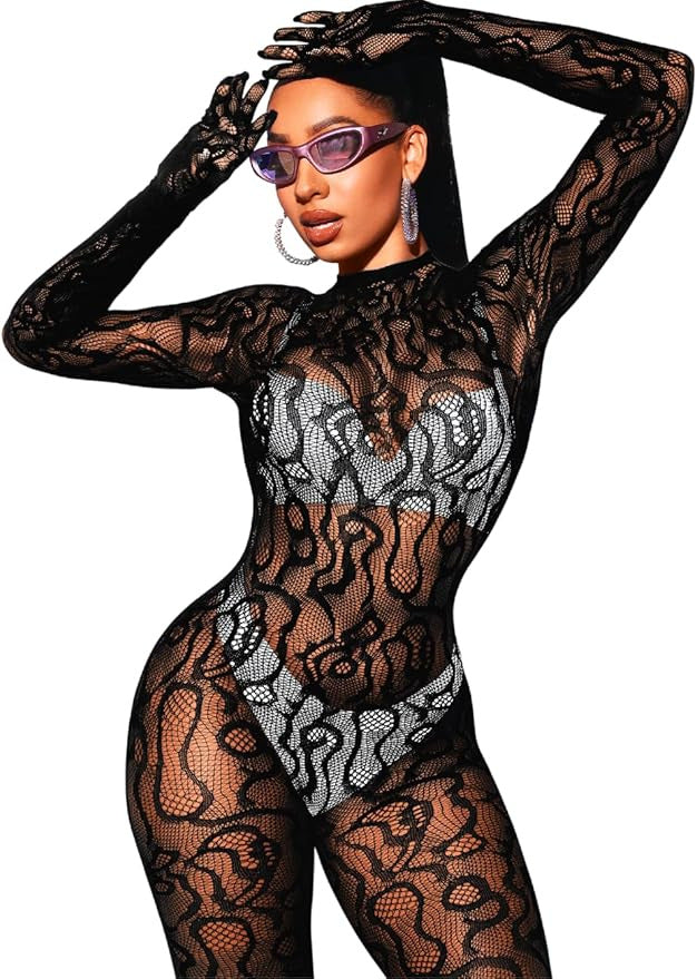 Bow and Floral-Detail Mesh Bodysuit