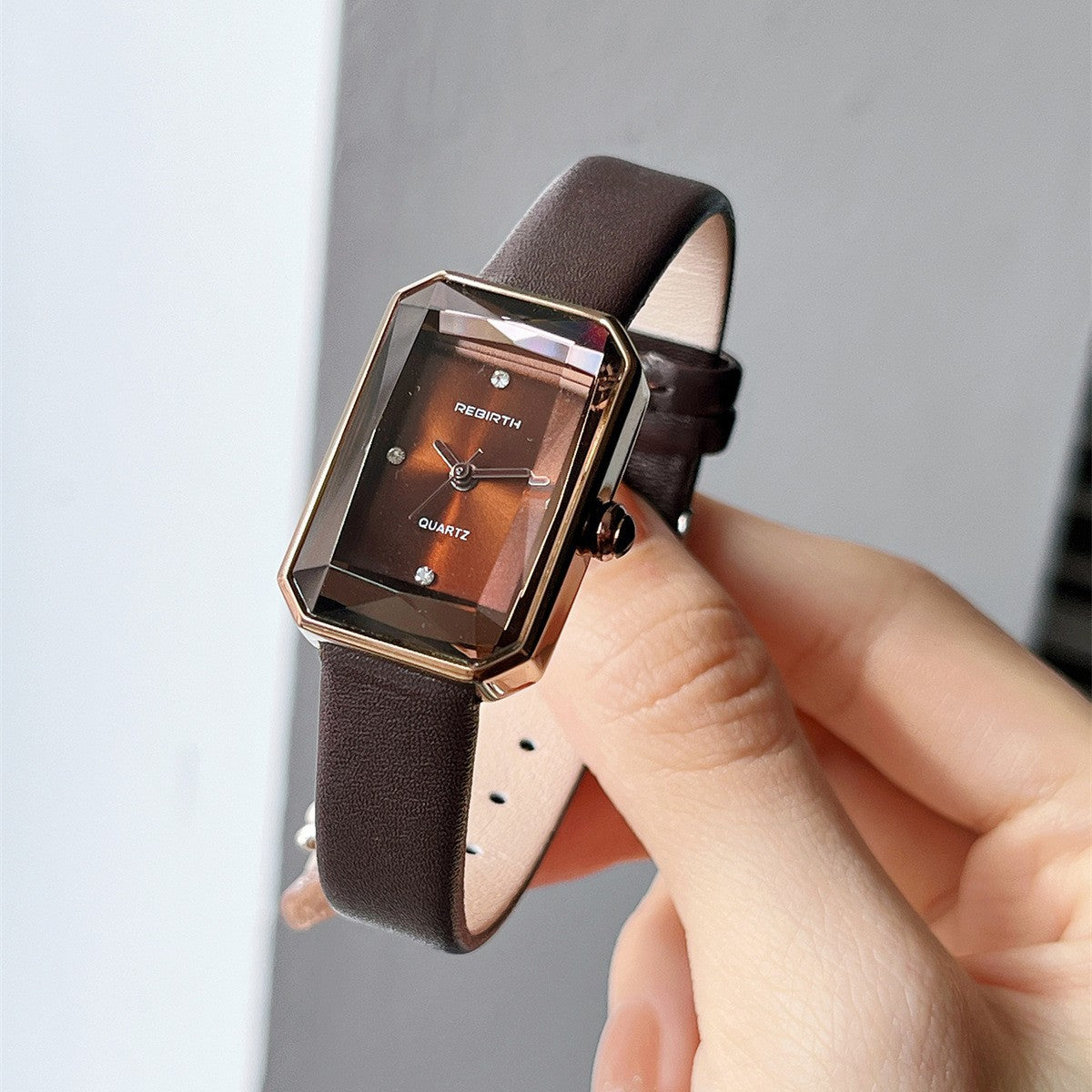 Faceted Rectangular Leather Strap Quartz Watch - main view