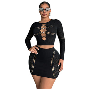 Black Pearl-Detail Knit Two-Piece Set