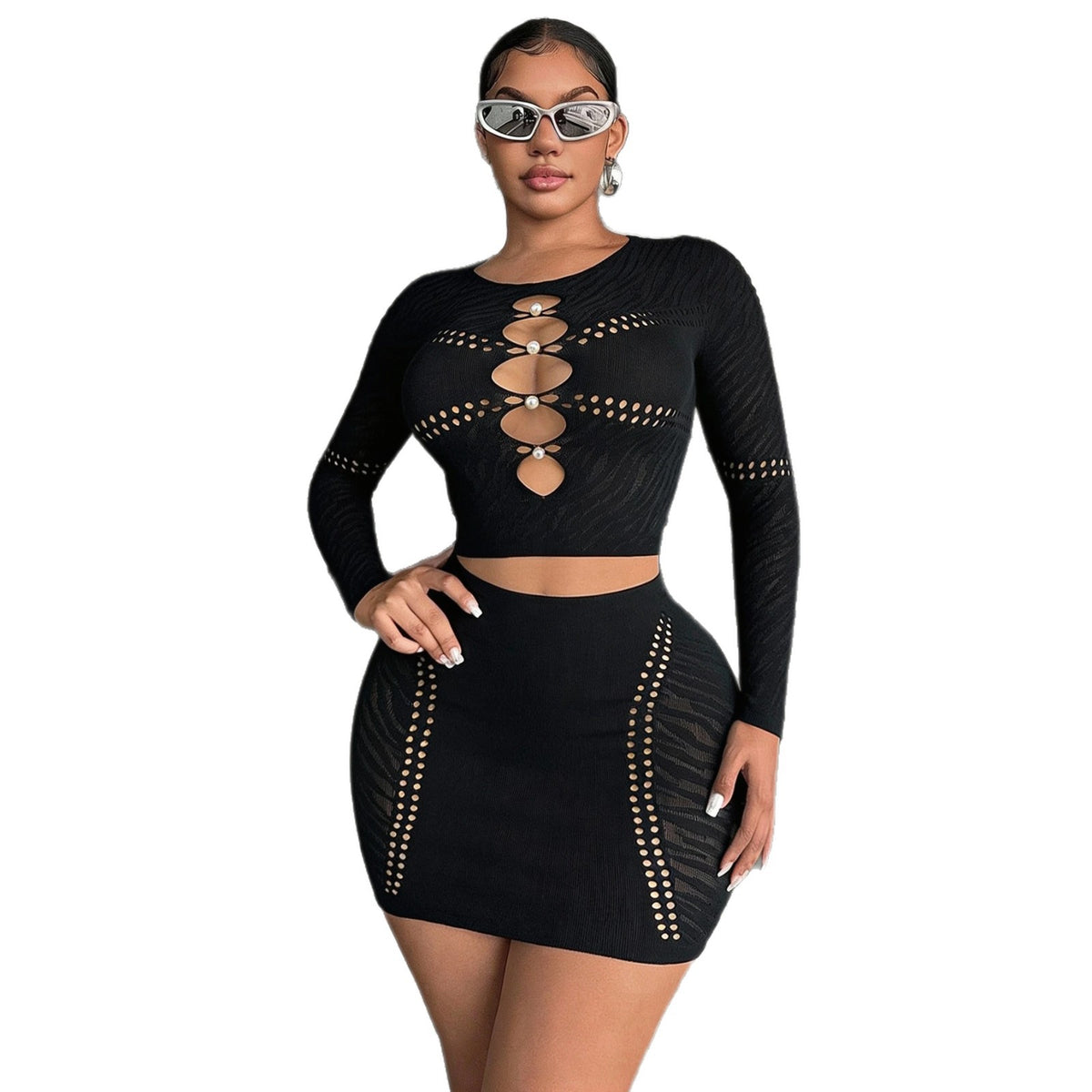 Black Pearl-Detail Knit Two-Piece Set
