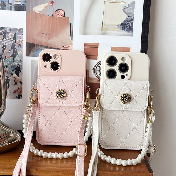 Camellia Wallet iPhone Case with Pearl Chain