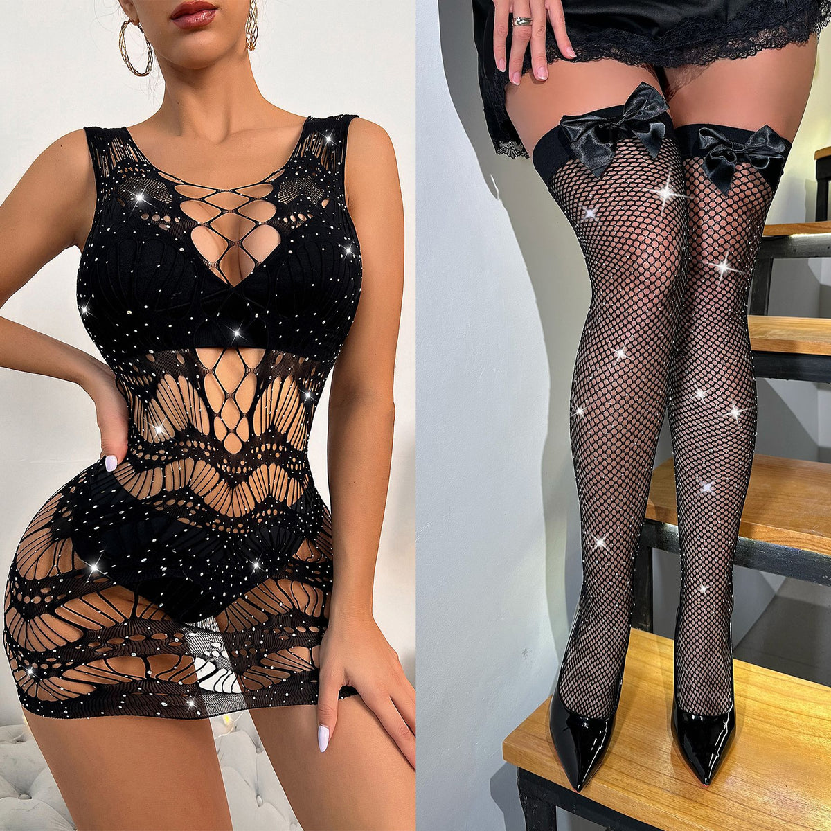 Rhinestone Mesh Dress and Stocking Options