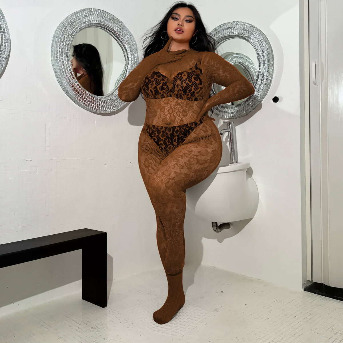Plus-Size Leopard Mesh Bodysuit