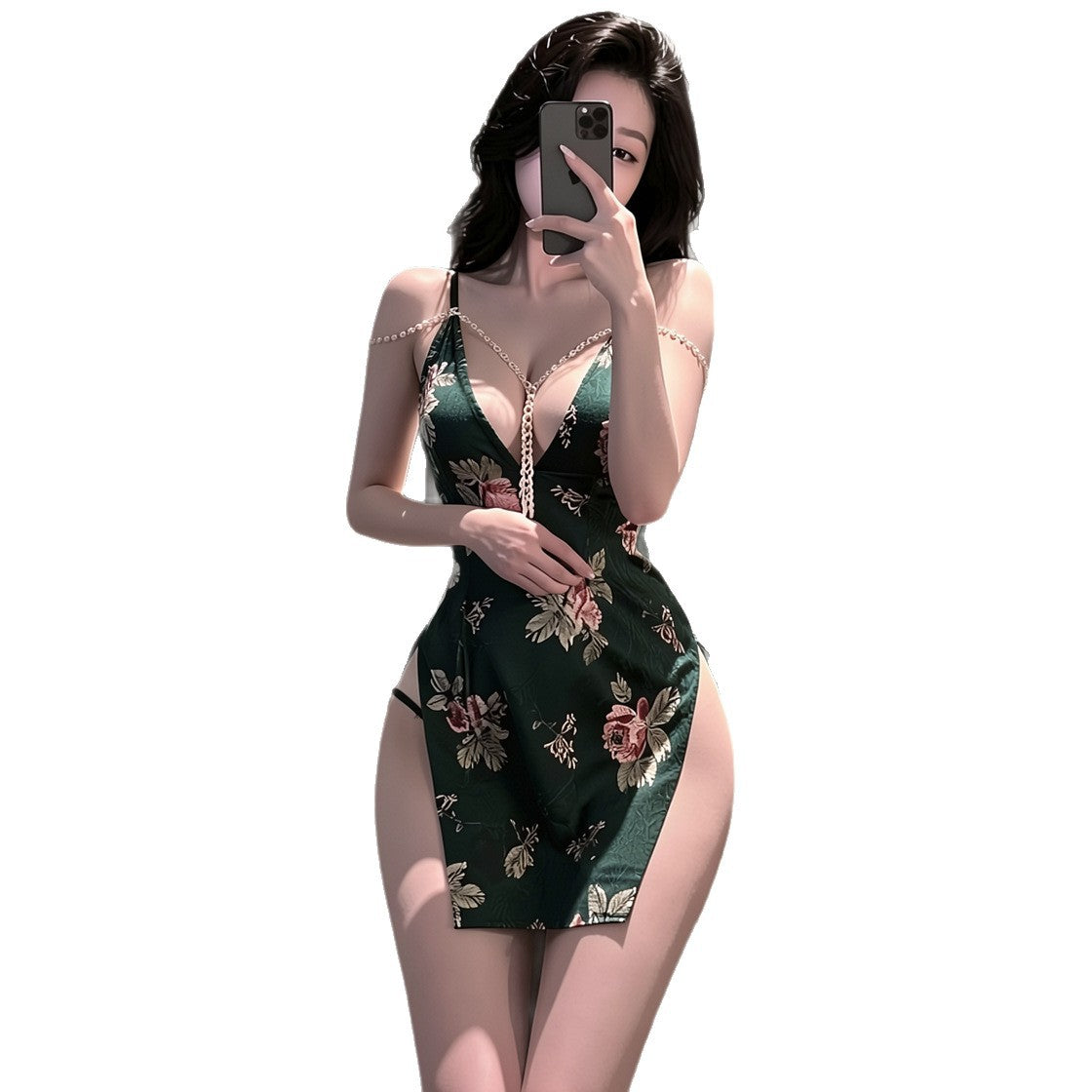Dark Green Qipao-Style Lingerie Dress - 4527