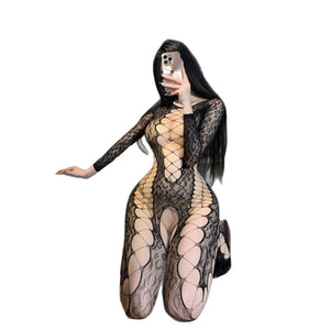 Cutout Leopard Jacquard Bodystocking - W86