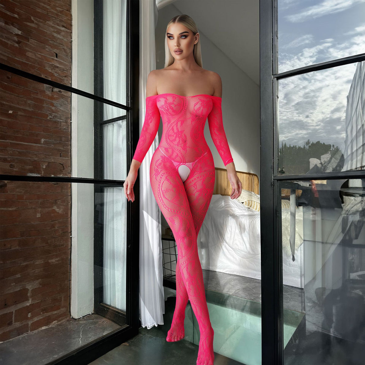 Jacquard Open-Crotch Mesh Bodysuit