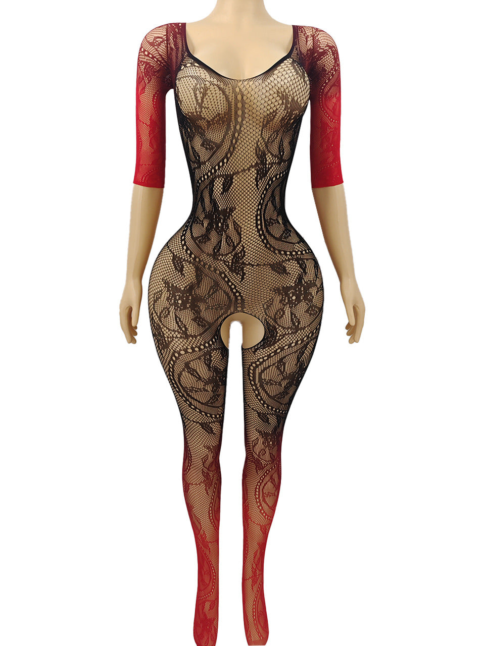 Jacquard Open-Crotch Mesh Bodysuit