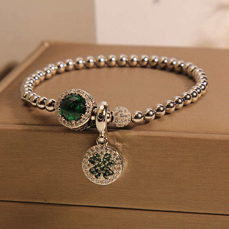 Green Sparkling Bead and Flower Charm Bracelet - view 2