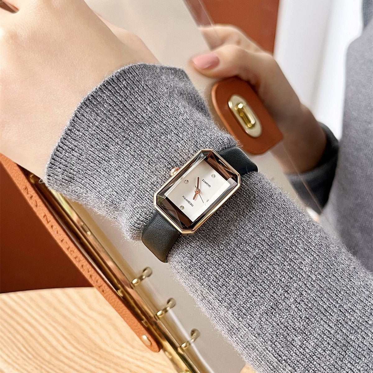 Faceted Rectangular Leather Strap Quartz Watch - view 5