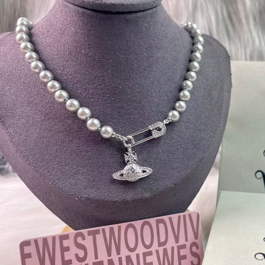 Safety Pin Planet Pendant Pearl Bead Necklace - view 9