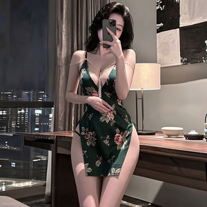 Dark Green Qipao-Style Lingerie Dress - 4527