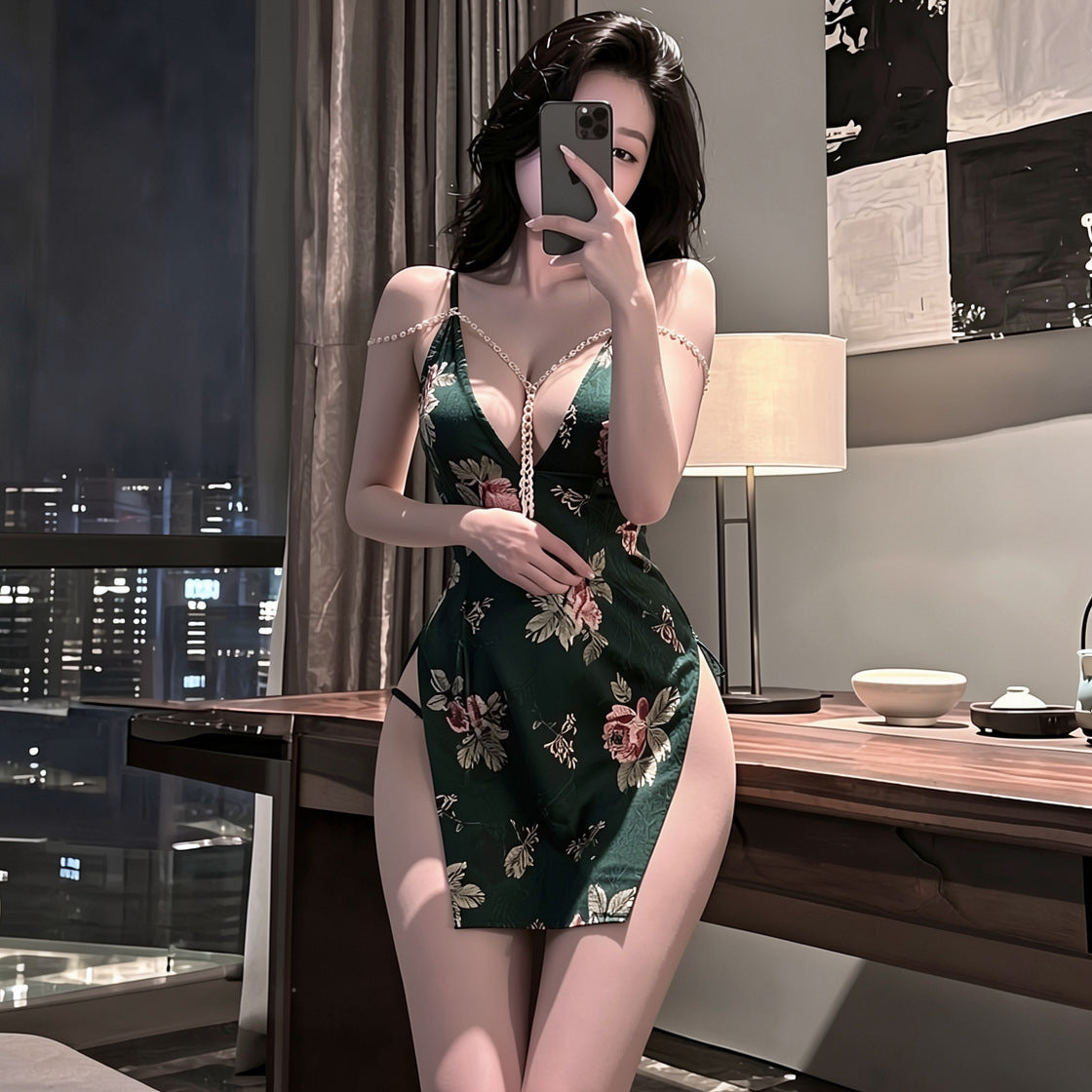 Dark Green Qipao-Style Lingerie Dress - 4527