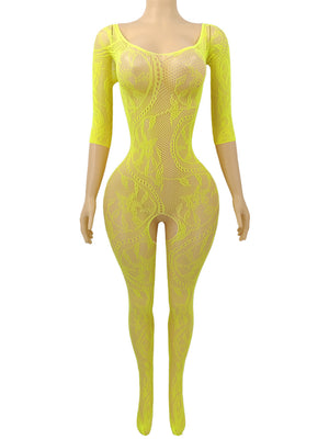 Jacquard Open-Crotch Mesh Bodysuit