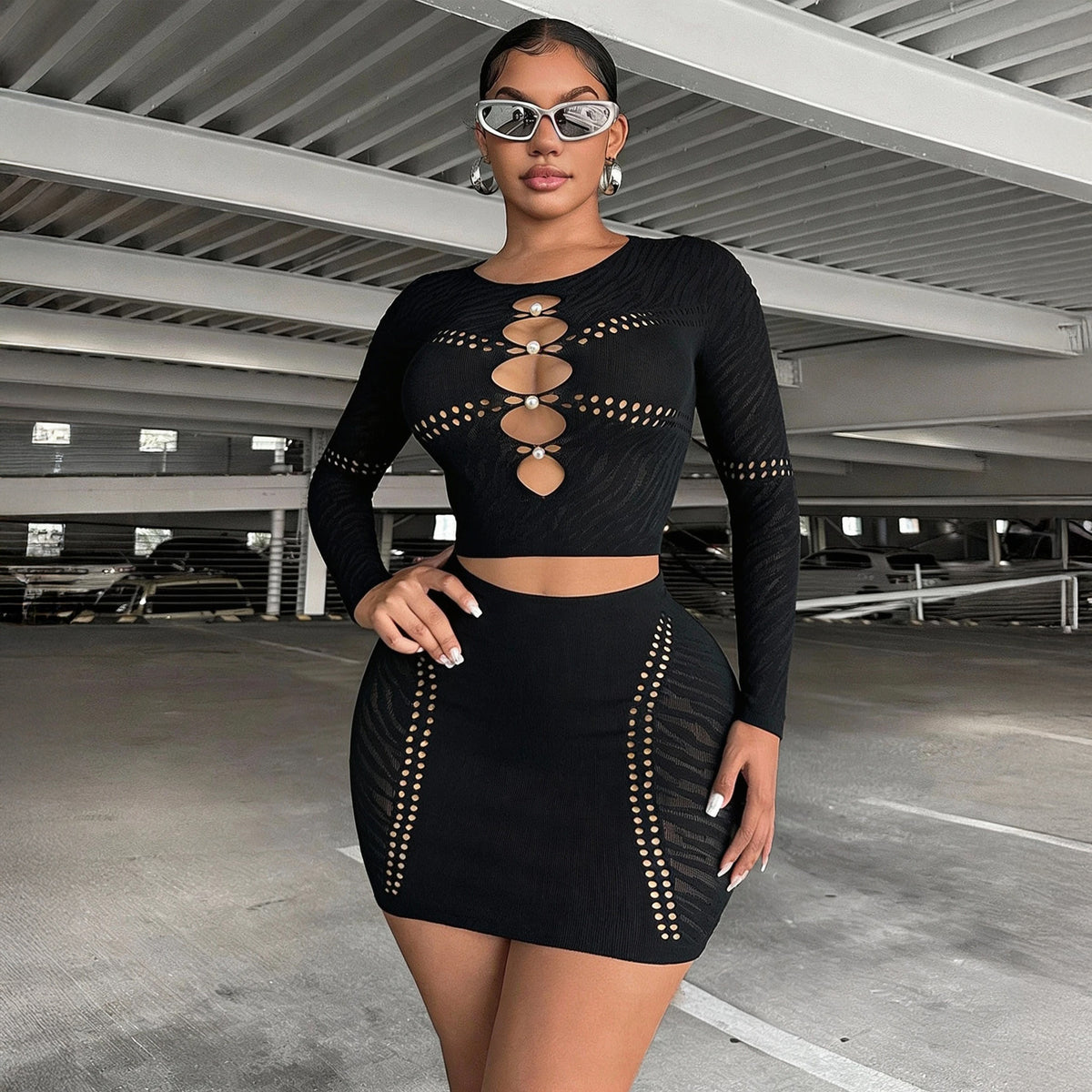 Black Pearl-Detail Knit Two-Piece Set