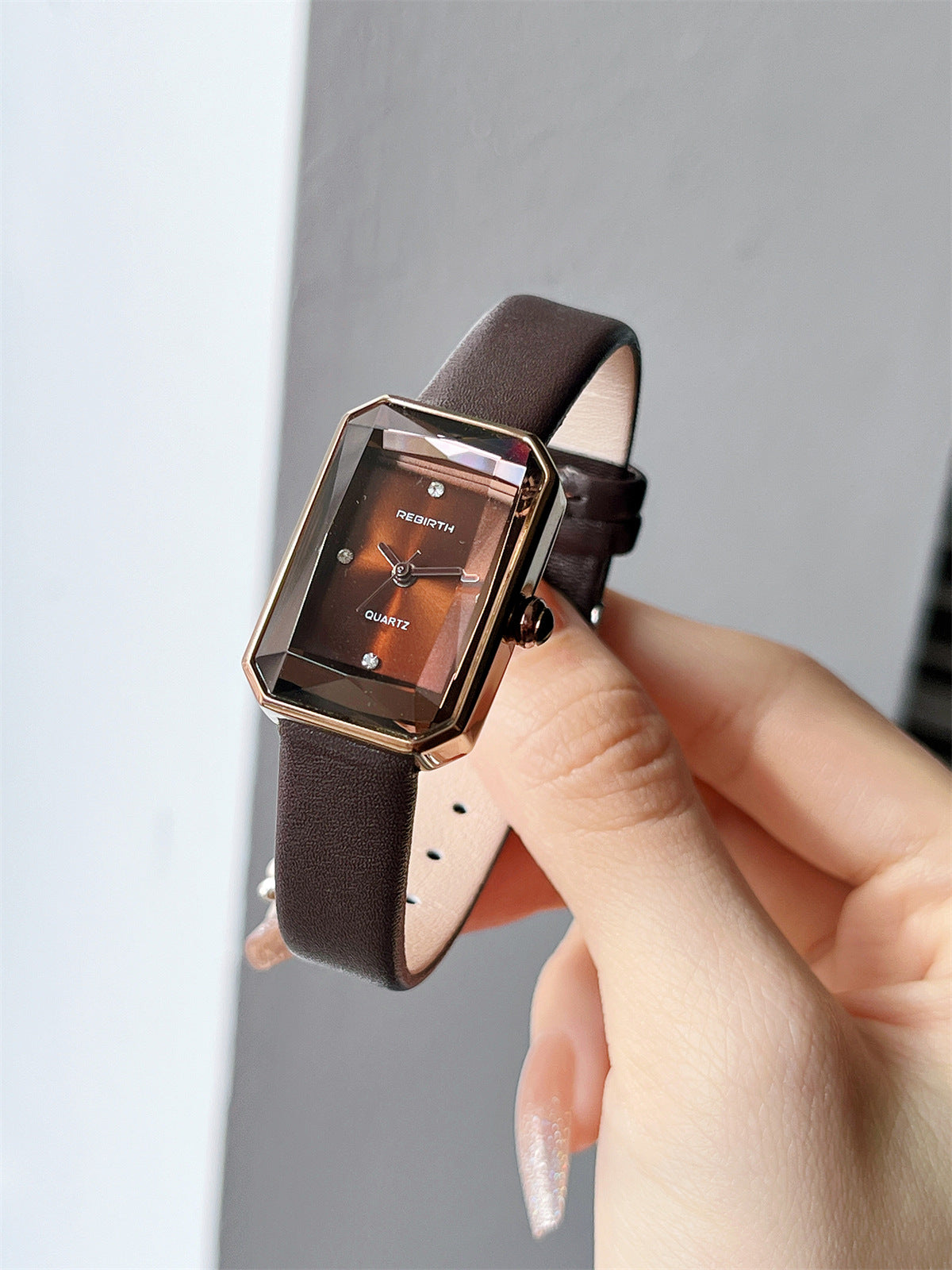 Faceted Rectangular Leather Strap Quartz Watch - view 7