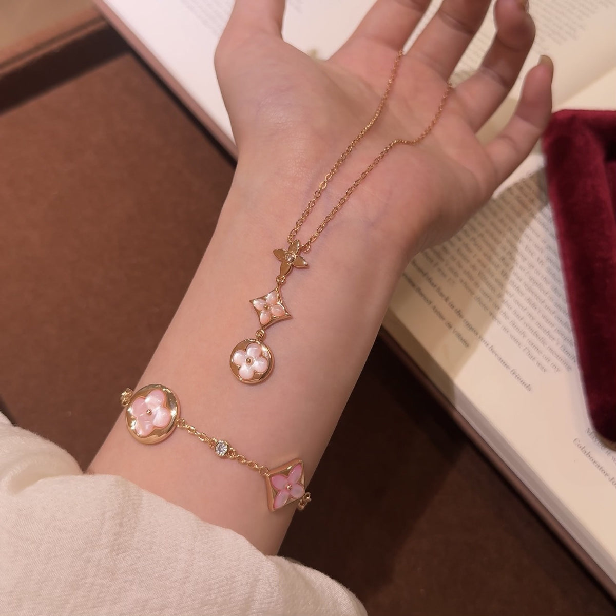 White Floral Geometric Drop Necklace - view 4