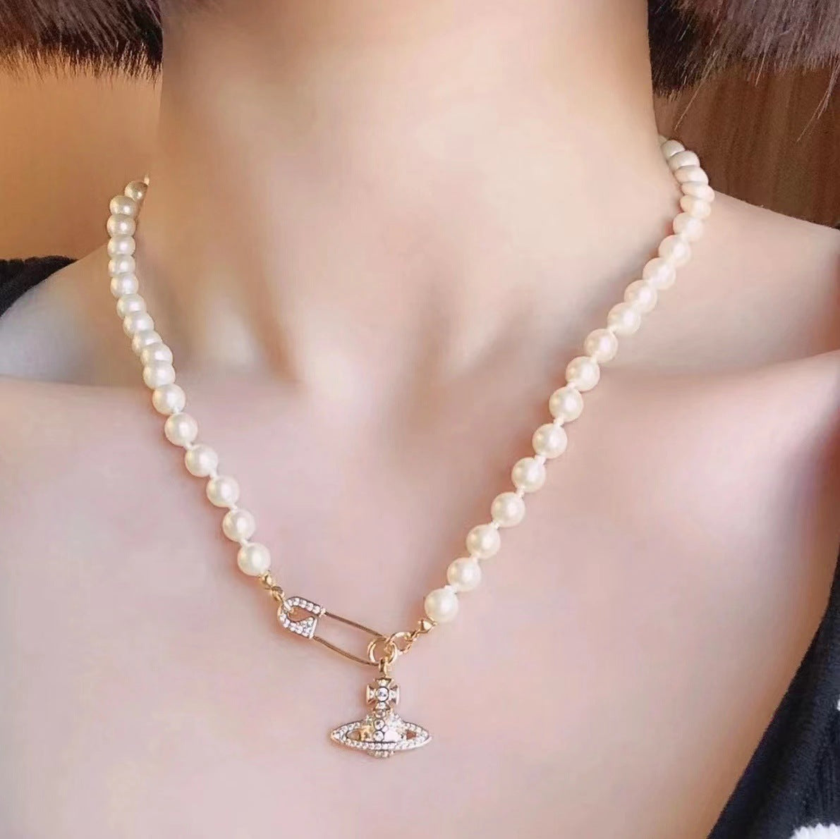 Safety Pin Planet Pendant Pearl Bead Necklace - view 14